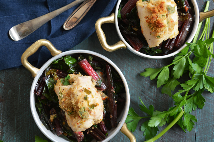 Chicken Breast in Lemon-Herb Sauce with Roasted Swiss Chard ciaochowbambina.com