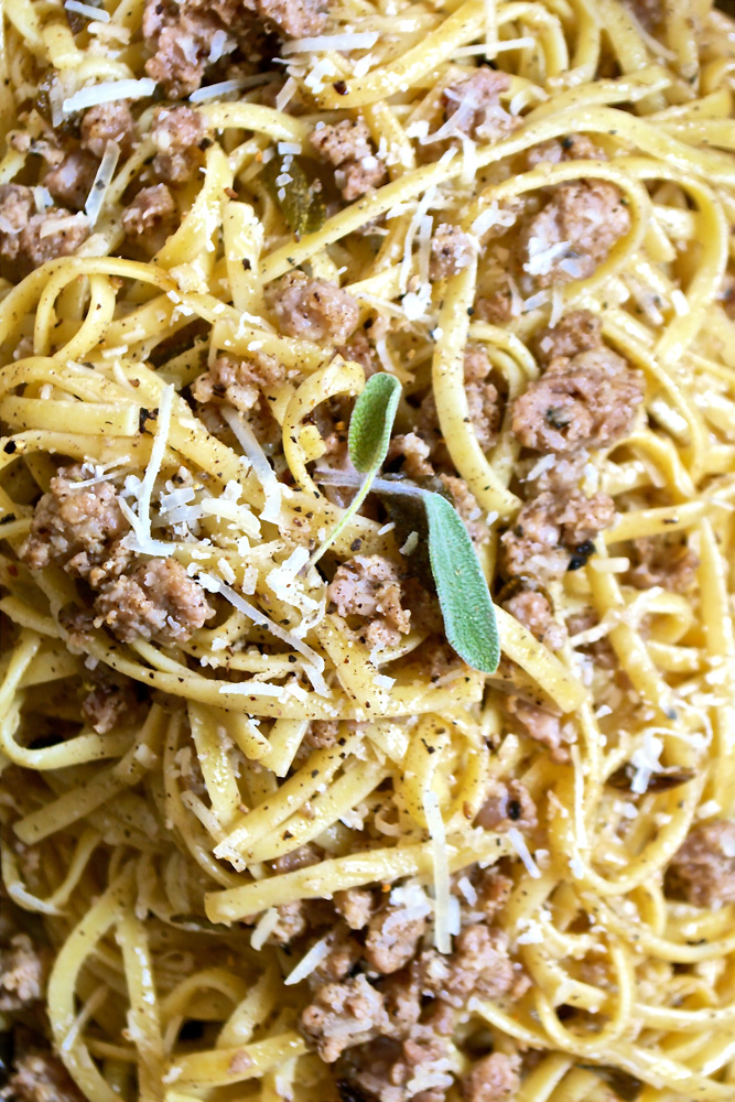 Linguine with Sweet Sausage, White Truffle Butter, Sage & Parmesan ciaochowbambina.com