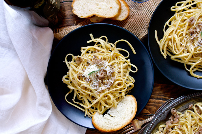 Linguine with Sweet Sausage, White Truffle Butter, Sage & Parmesan ciaochowbambina.com