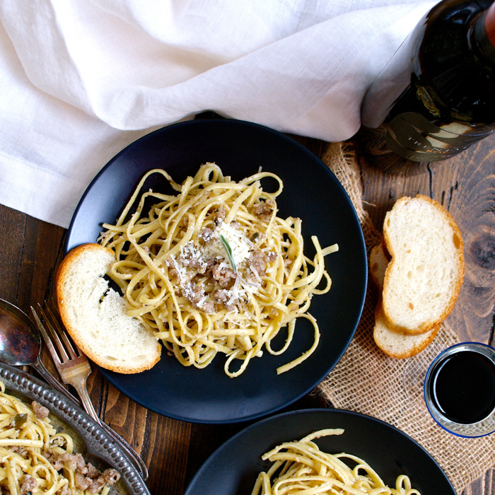 Linguine with Sweet Sausage, White Truffle Butter, Sage & Parmesan ciaochowbambina.com