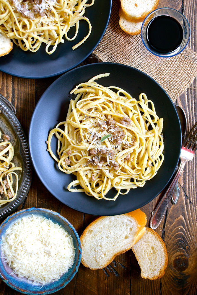 Linguine with Sweet Sausage, White Truffle Butter, Sage & Parmesan ciaochowbambina.com