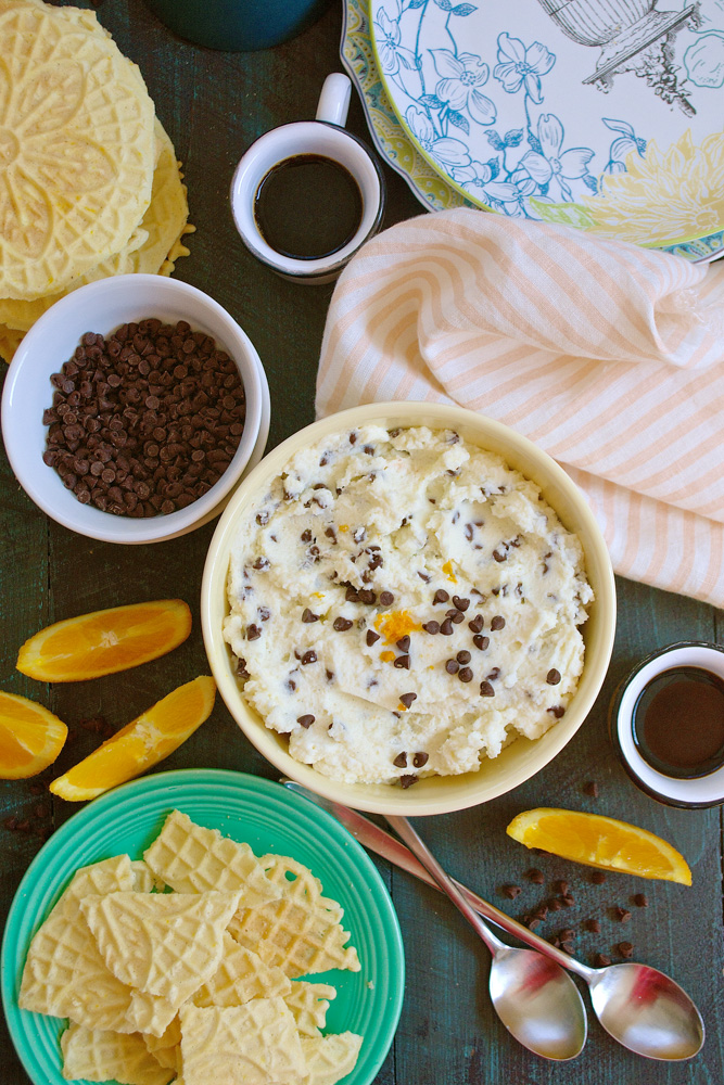 Orange Scented Chocolate Chip Cannoli Cream Dip with Pizzelle Chips ciaochowbambina.com