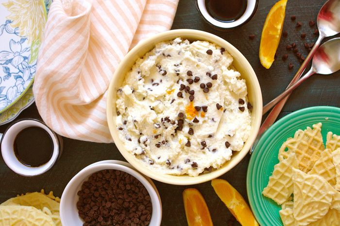 Orange Scented Chocolate Chip Cannoli Cream Dip with Pizzelle Chips ciaochowbambina.com