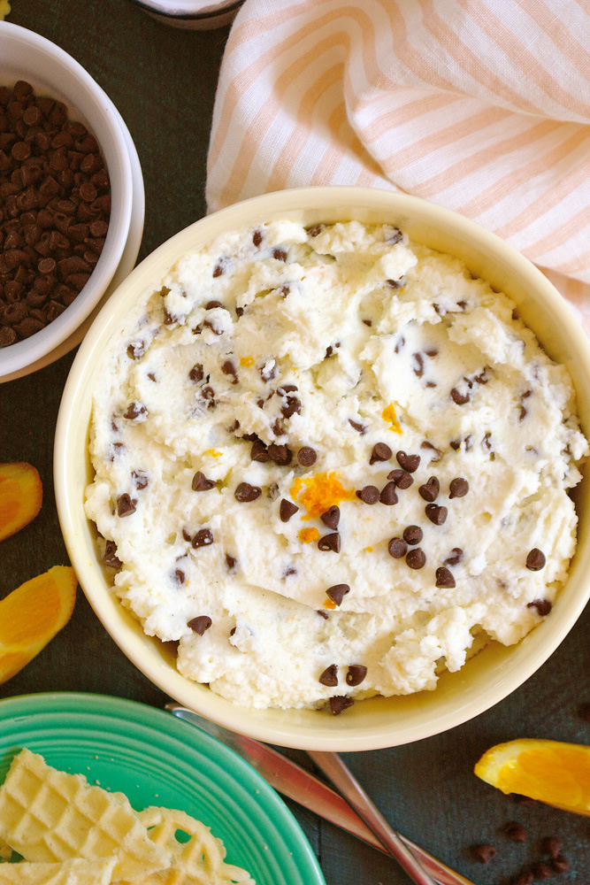 Orange Scented Chocolate Chip Cannoli Cream Dip with Pizzelle Chips ciaochowbambina.com