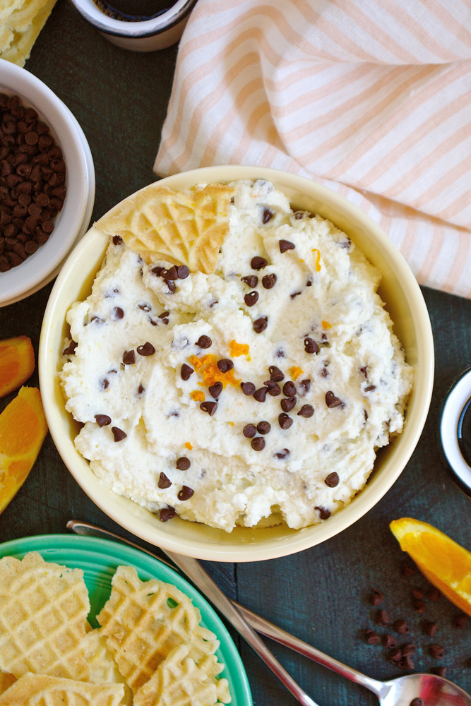 Orange Scented Chocolate Chip Cannoli Cream Dip with Pizzelle Chips ciaochowbambina.com