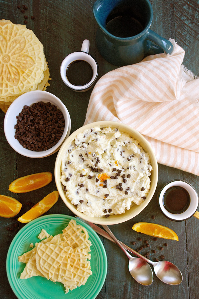 Orange Scented Chocolate Chip Cannoli Cream Dip with Pizzelle Chips ciaochowbambina.com