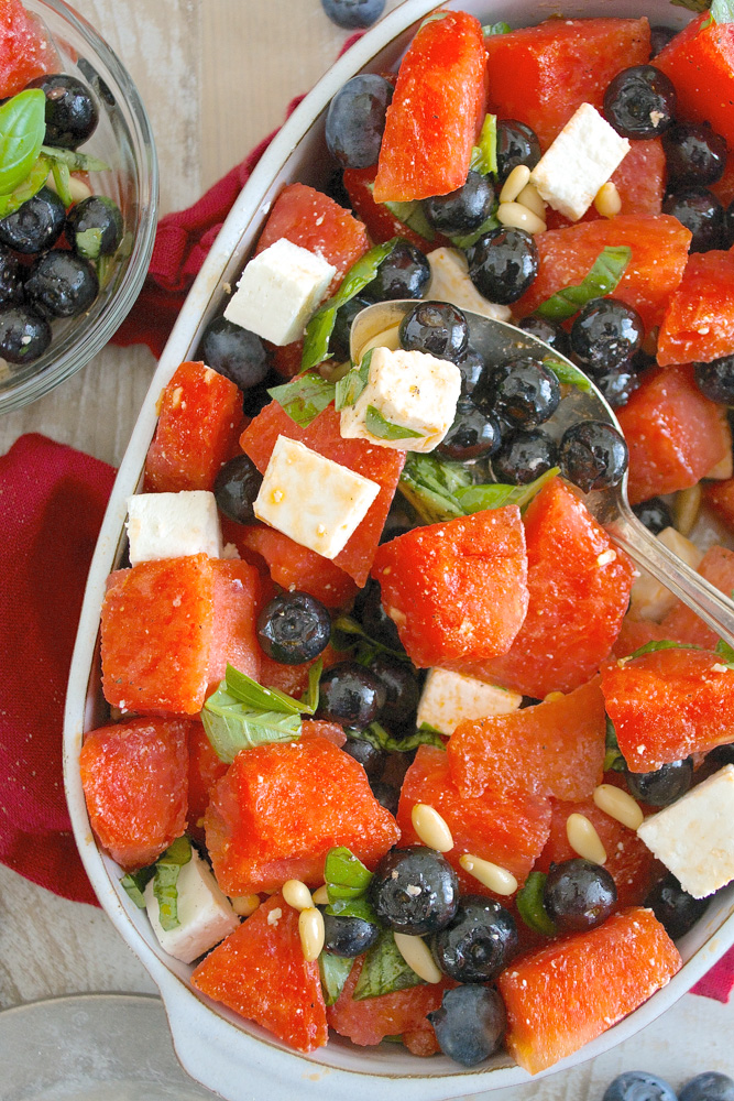 Watermelon Summer Salad with Basil and Blueberries ciaochowbambina.com