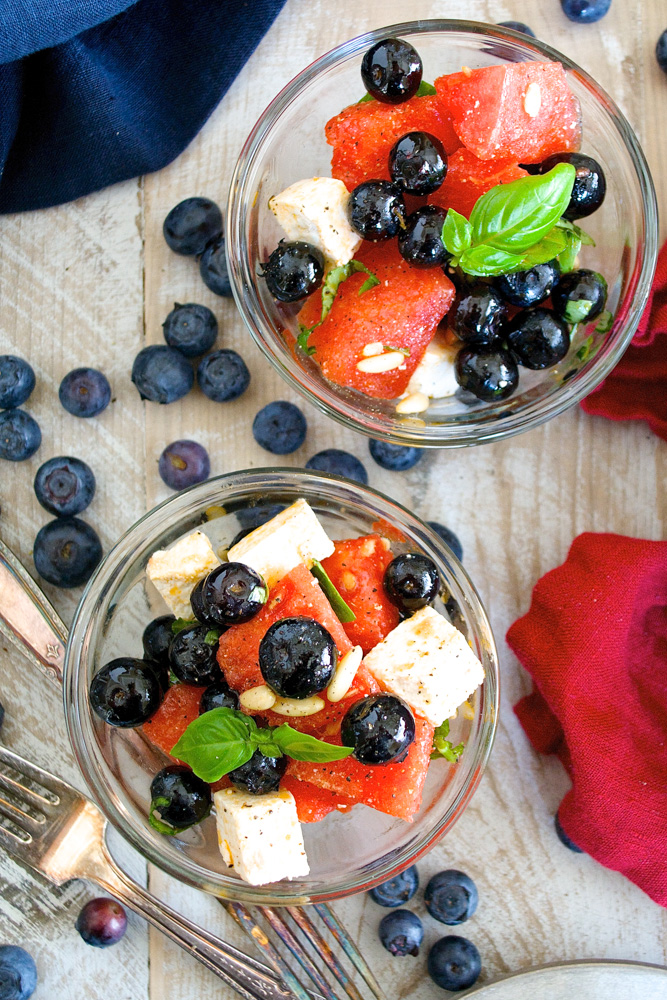 Watermelon Summer Salad with Basil and Blueberries ciaochowbambina.com