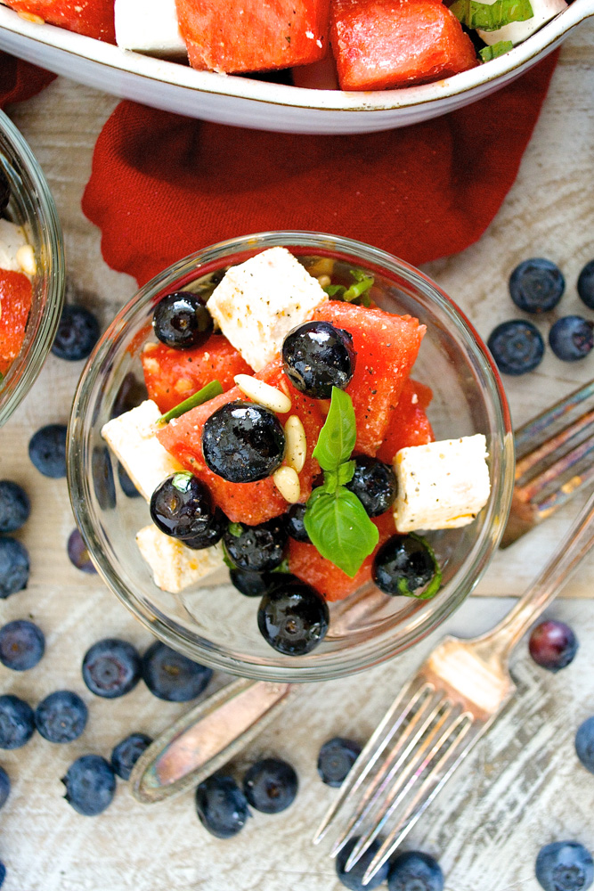 Watermelon Summer Salad with Basil and Blueberries ciaochowbambina.com
