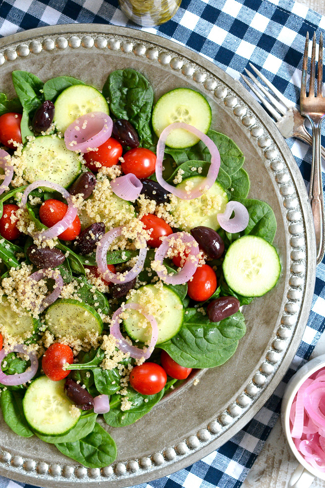 Quinoa and Spinach Salad with Spicy Pickled Onions and Ricotta Salata Vinaigrette ciaochowbambina.com