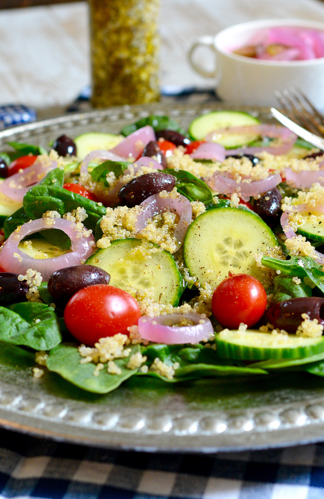 Quinoa and Spinach Salad with Spicy Pickled Onions and Ricotta Salata Vinaigrette ciaochowbambina.com