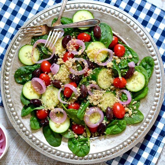 Quinoa and Spinach Salad with Spicy Pickled Onions and Ricotta Salata Vinaigrette ciaochowbambina.com