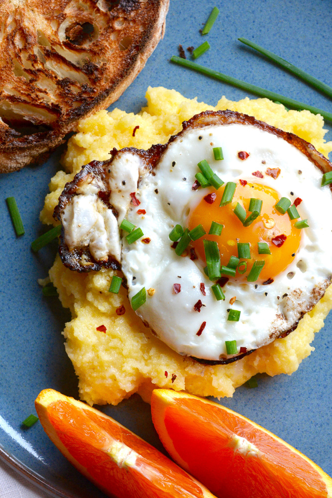 Creamy Mascarpone Polenta with Crispy Fried Eggs ciaochowbambina.com