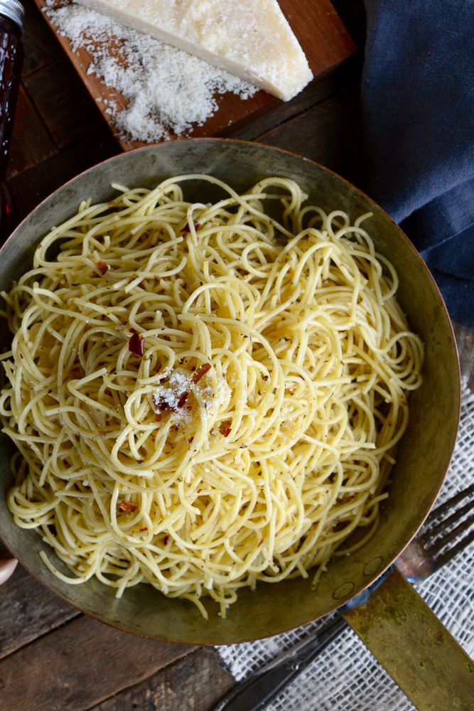 Spaghettini Italiano with Garlic, Chili, Oregano & Parmesan ciaochowbambina.com
