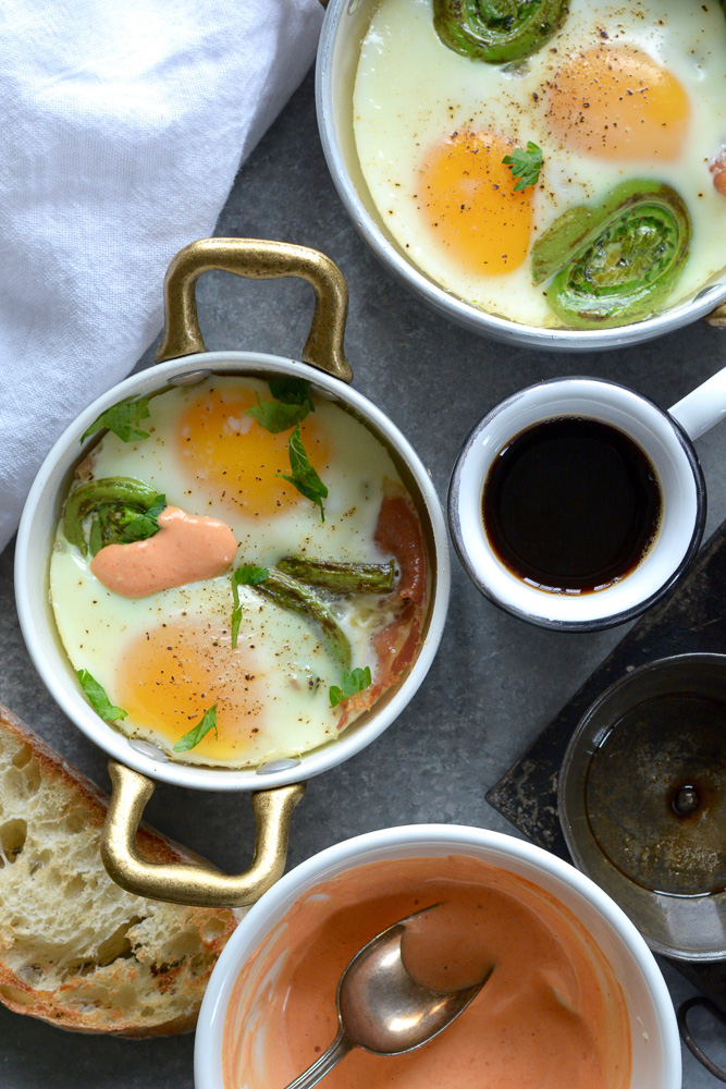 Spicy Baked Eggs with Fiddleheads & Prosciutto ciaochowbambina.com