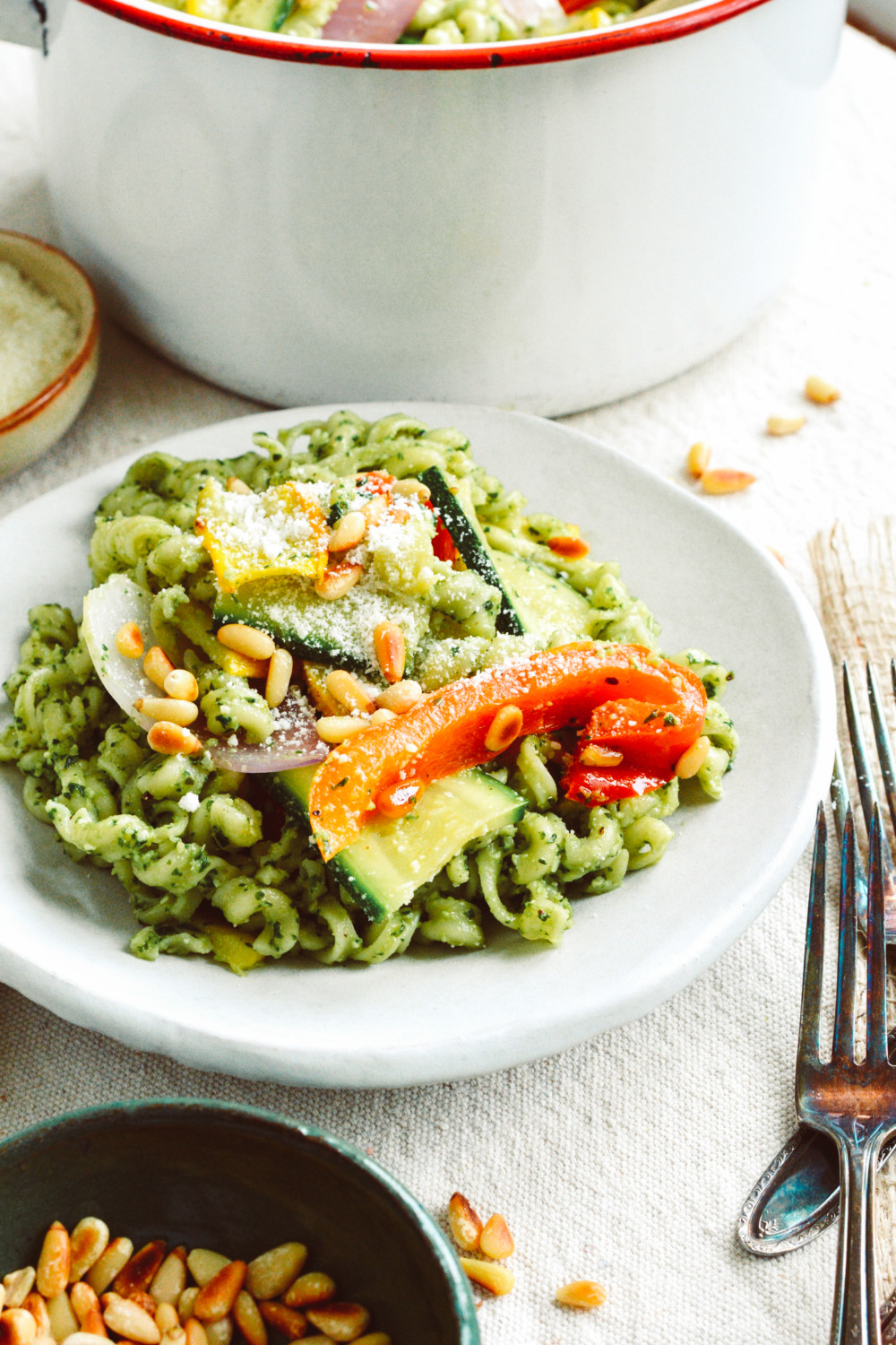 Farmers' Market Pasta with Basil Pesto and Pine Nuts ciaochowbambina.com