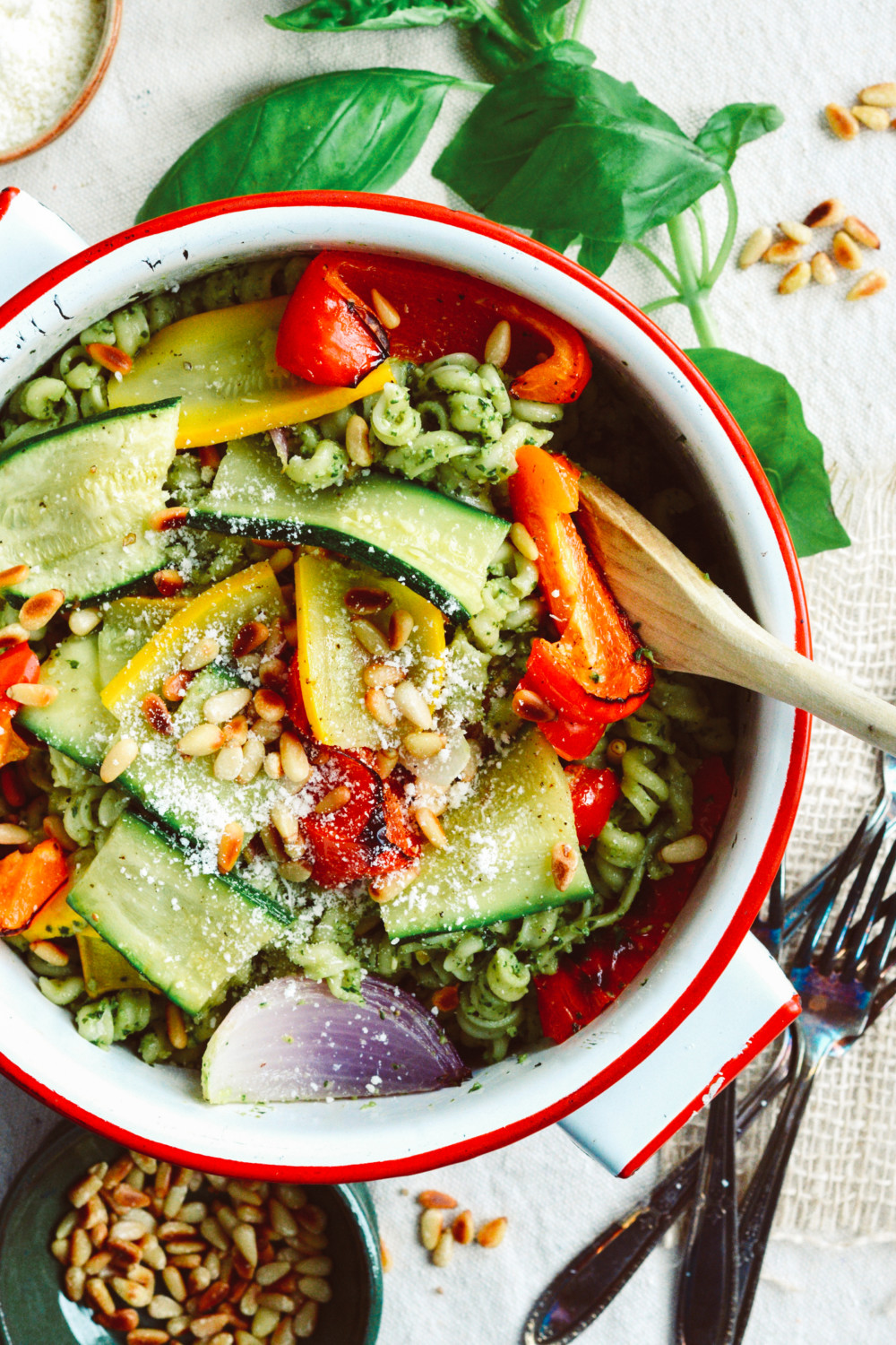 Farmers' Market Pasta with Basil Pesto and Pine Nuts ciaochowbambina.com