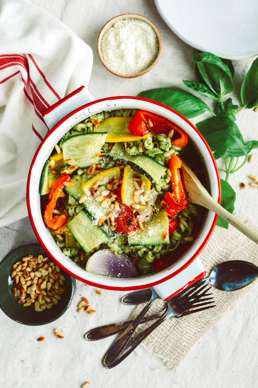 Farmers' Market Pasta with Basil Pesto and Pine Nuts ciaochowbambina.com