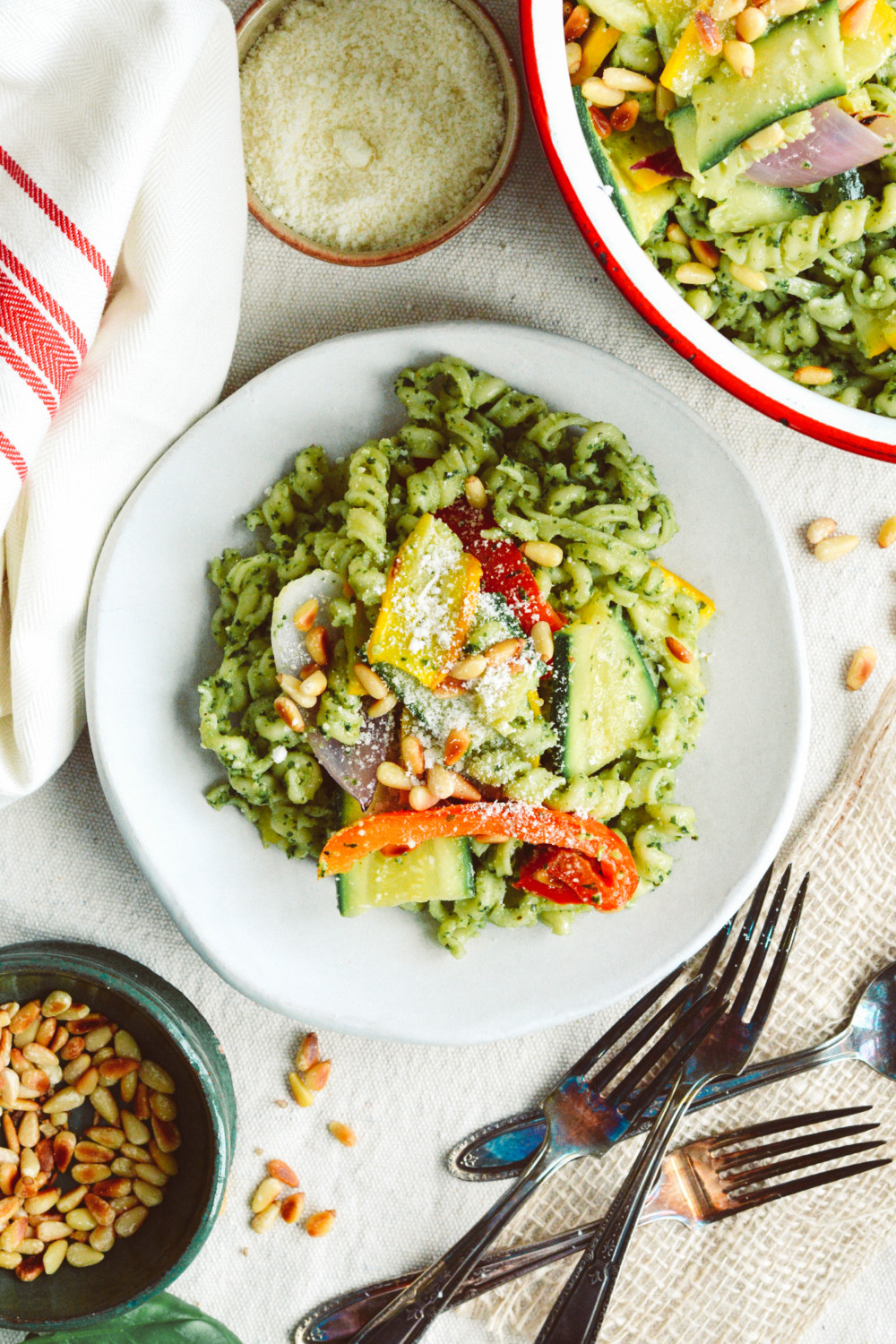 Farmers' Market Pasta with Basil Pesto and Pine Nuts ciaochowbambina.com