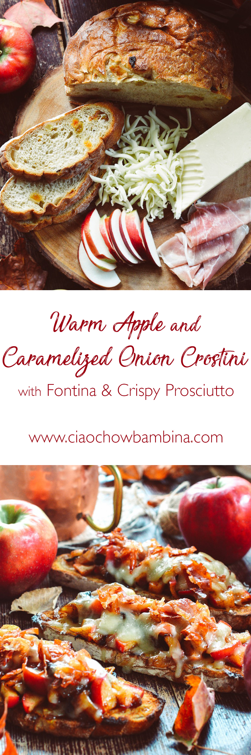 Warm Apple & Caramelized Onion Crostini with Fontina & Crispy Prosciutto ciaochowbambina.com