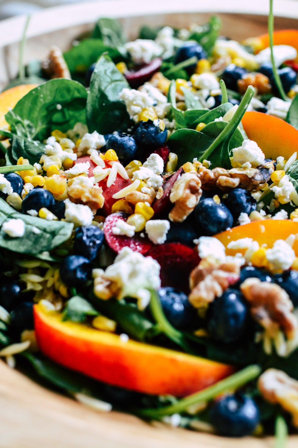 Spinach & Orzo Summer Salad with Stone Fruit & Blueberry-Thyme Vinaigrette ciaochowbambina.com