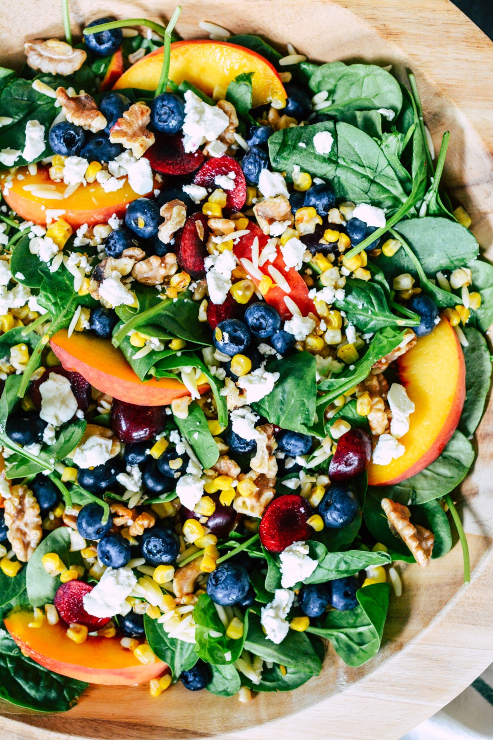 Spinach & Orzo Summer Salad with Stone Fruit & Blueberry-Thyme Vinaigrette ciaochowbambina.com