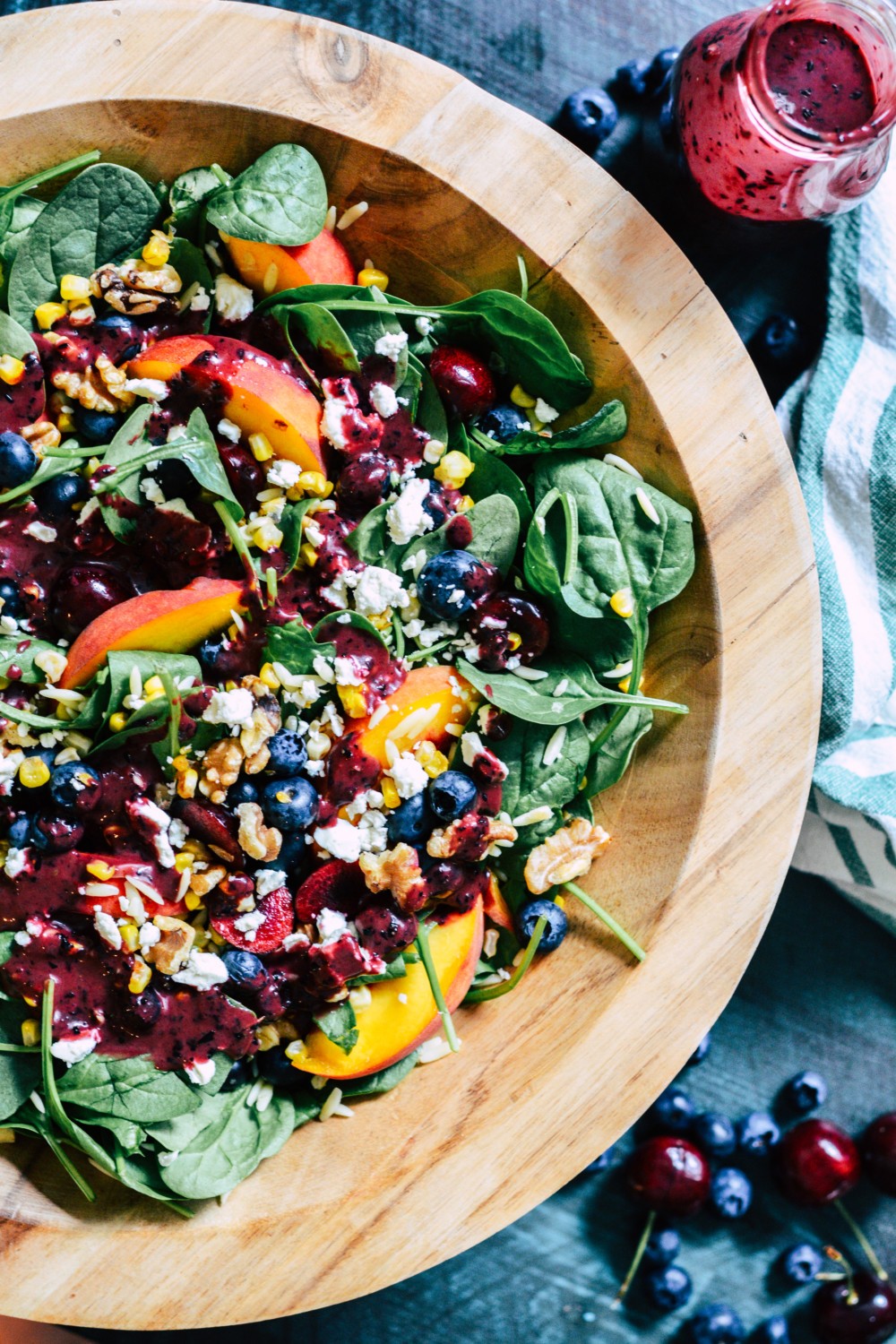 Spinach & Orzo Summer Salad with Stone Fruit & Blueberry-Thyme Vinaigrette ciaochowbambina.com