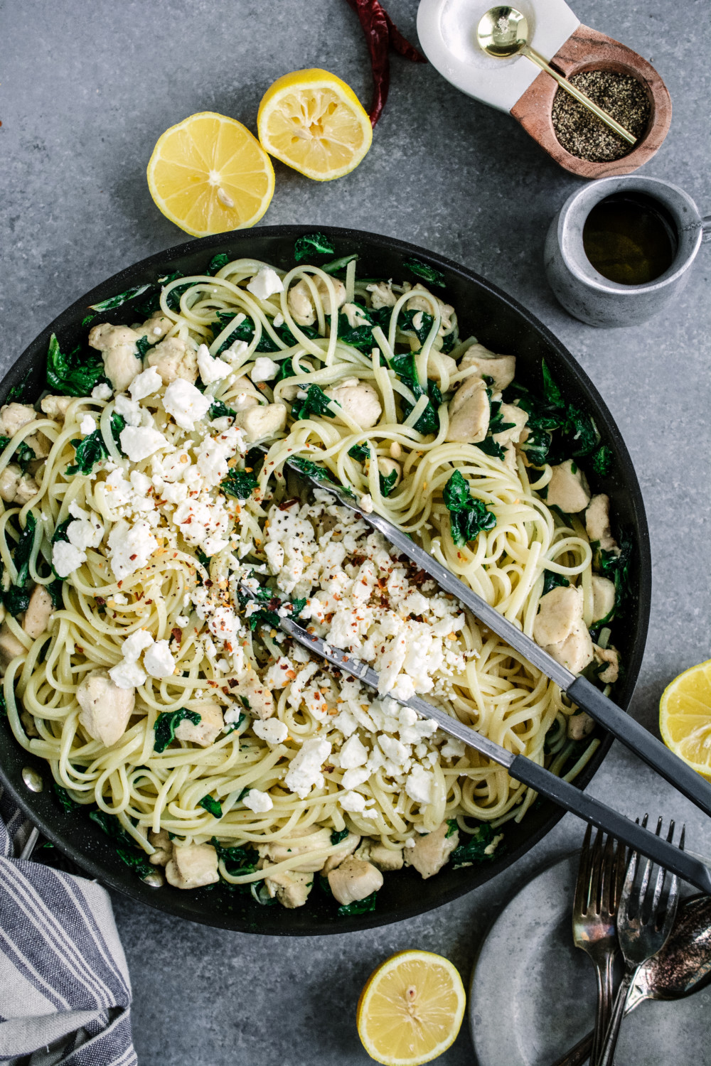 Lemon Linguine with Chicken, Swiss Chard & Feta