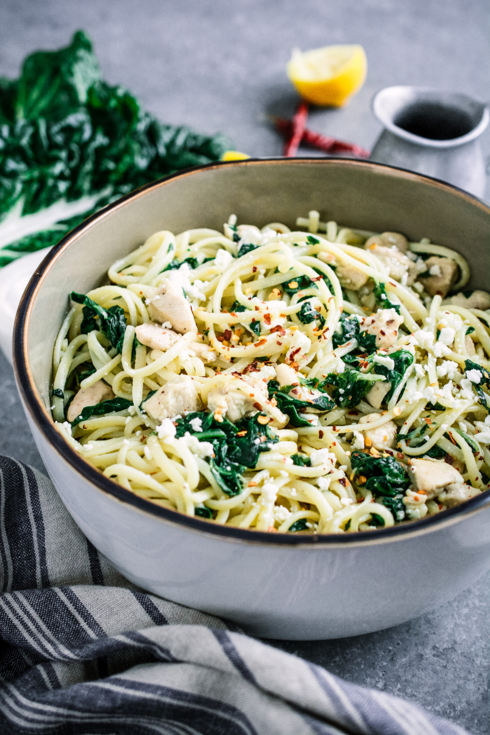 Lemon Linguine with Chicken, Swiss Chard & Feta