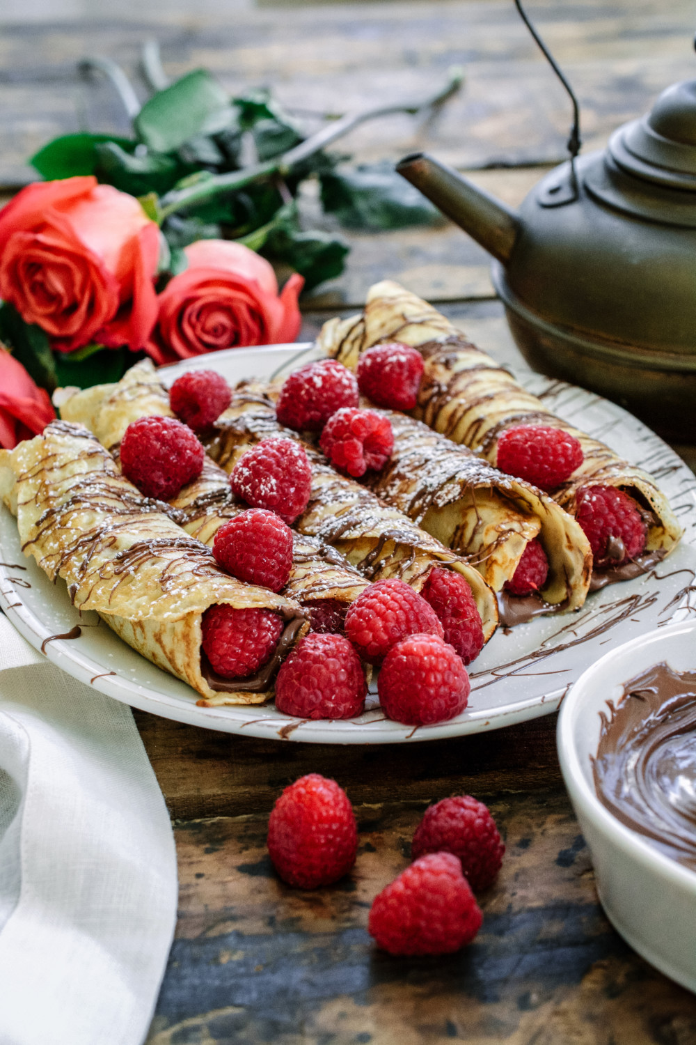 Almond Scented Crepes with Nutella & Raspberries