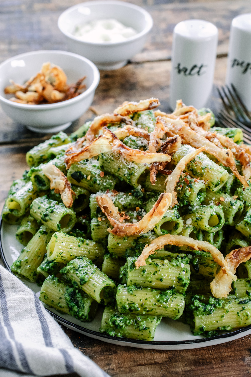 Rigatoni with Basil Walnut Pesto & Crispy Onions
