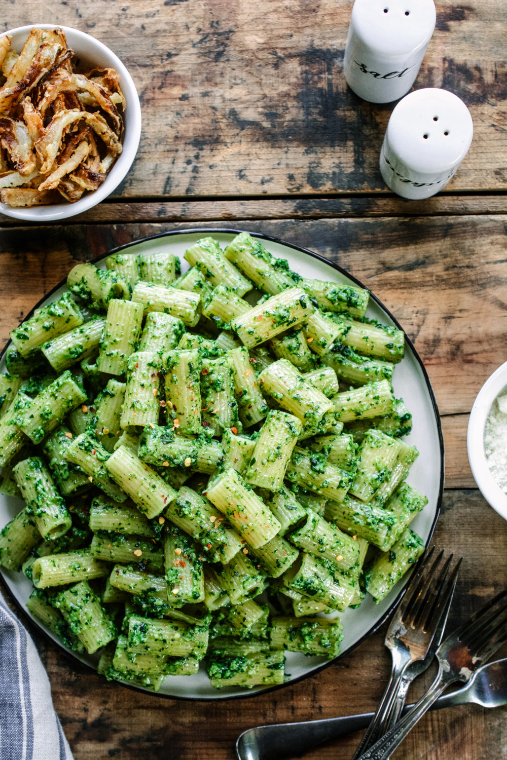 Rigatoni with Basil Walnut Pesto & Crispy Onions