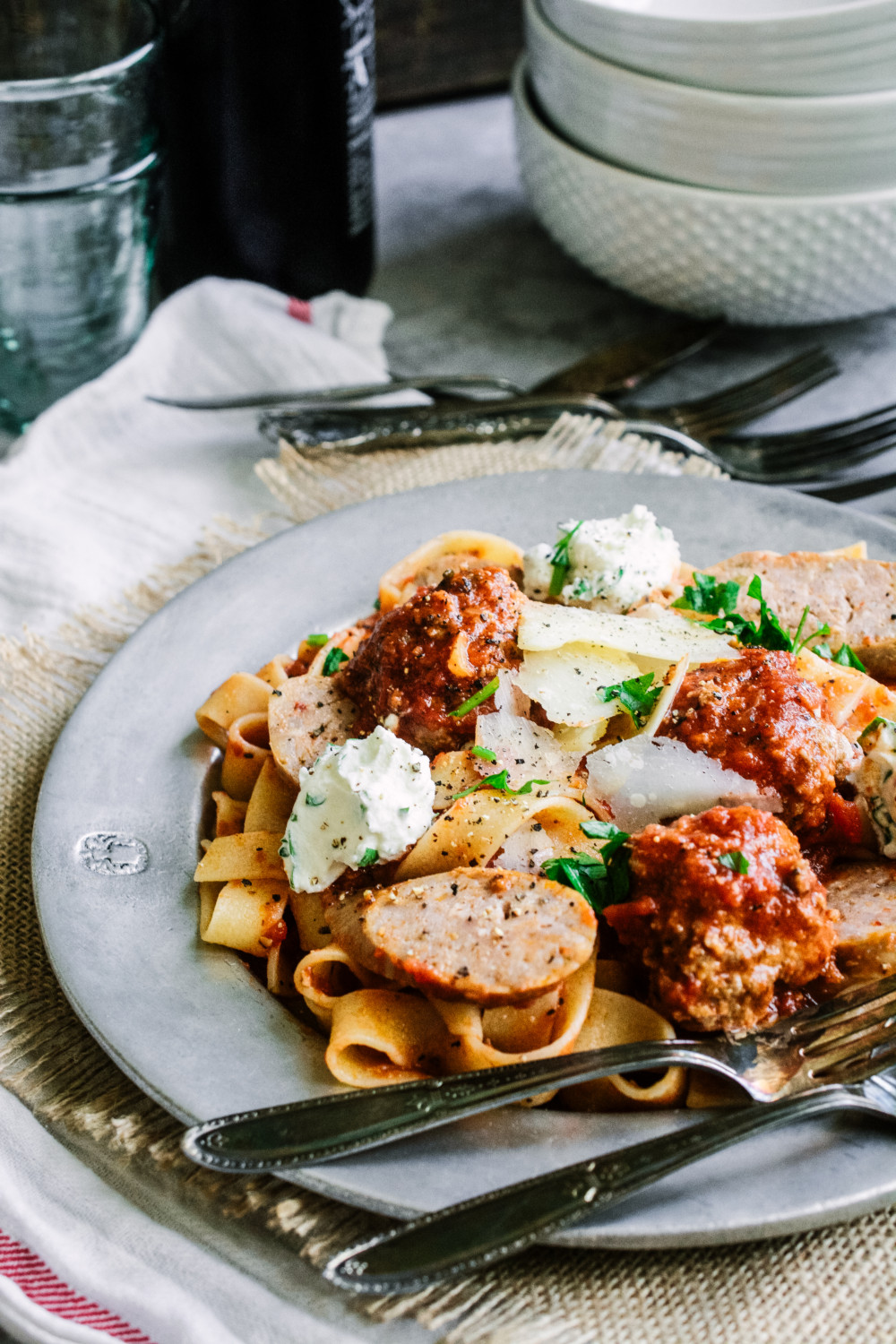 Pappardelle with Meatballs, Spicy Sausage & Herbed Ricotta